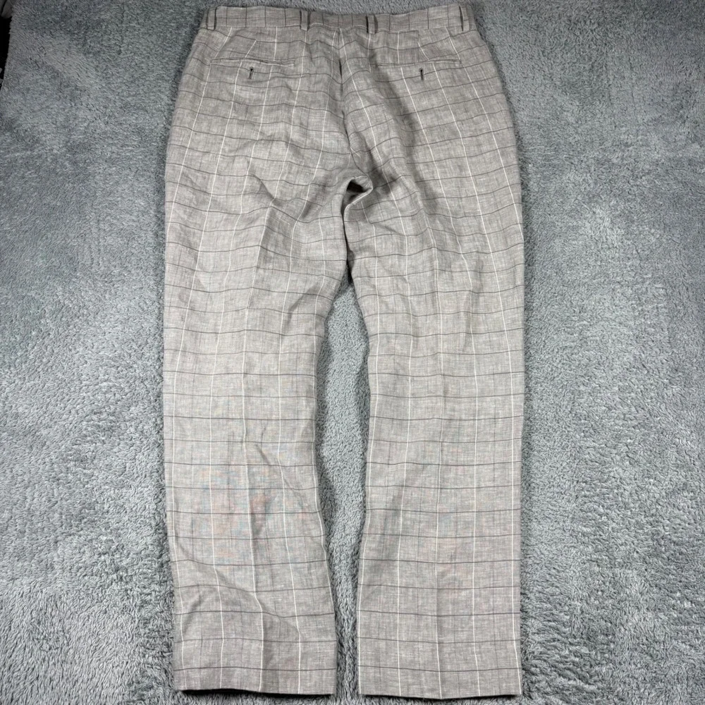 Joseph Abboud 100% Linen Trousers Mens 34x30 Grey Windowpane Plaid Dress Pants